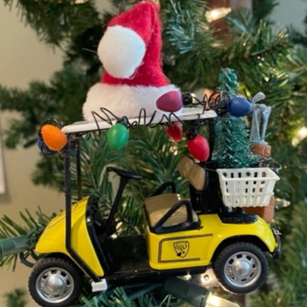 Golf Cart Christmas Ornament NEW * 3D Clip-on  yellow w lights, tree & Santa Hat